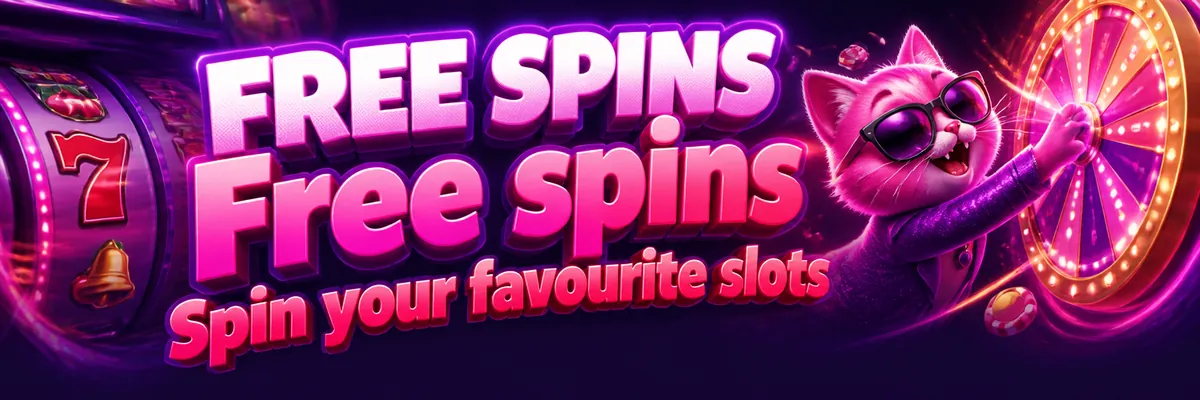 Neon pink cat mascot beside colourful slot reels promoting free spins