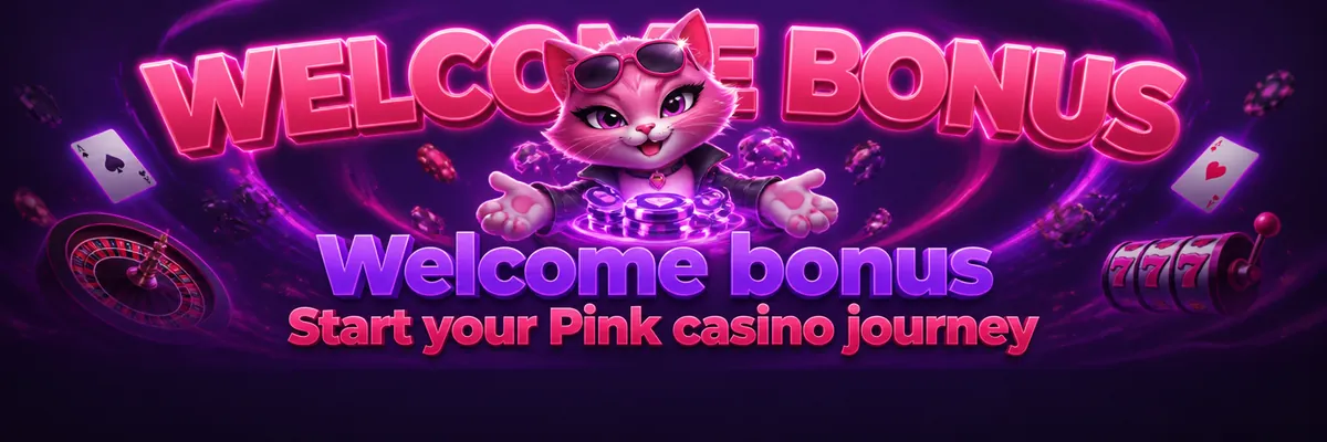 Neon pink cat mascot presenting a welcome bonus on a purple casino banner